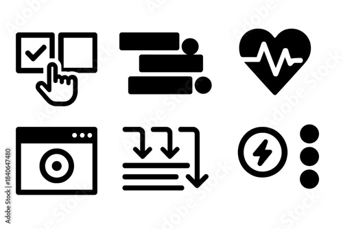 Brutalist Workflow Icons. Async workflows and rhythm silhouette set: task handoff tile, staggered timeline bar, update pulse, async link node, focus window icon, workflow lane,