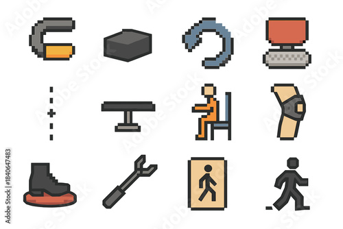 Ergonomic Movement Icons. Everyday Movement Adaptations pixel style set: ergonomic handle, step-up block, guided turn arrow, cushioned support pad, alignment dot trail, balance bar