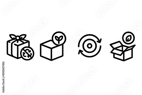 Eco-Friendly Packaging Icons. Green Packaging Strategies linear set: minimal-waste wrap tile, renewable-cardboard node, circular-use bead.