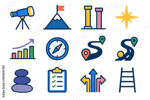 Vision Strategy Icons. Long-Term Vision flat set: telescope, mountain peak flag, horizon line, strategic pillars, growth chart, compass dial, future roadmap, guiding star,