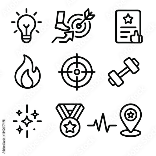 Study Inspiration Icons. Study Inspiration Icons linear set: bright idea, guided step arrow, goal tracker, encouraging card, learning flame, focus circle, practice cue, notebook