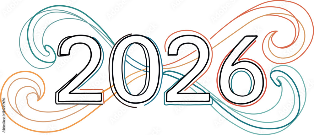 Fototapeta premium Stylized outlined year 2026 text featuring vibrant flowing organic wavy lines creating a decorative artistic frame perfect for a new year celebration graphic or future oriented design element