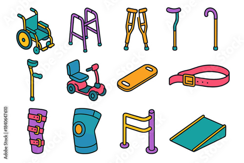 Mobility Support Icons. Medical Devices for Mobility Support isometric flat set: wheelchair, walker frame, crutch pair, cane support, forearm crutch, mobility scooter, transfer