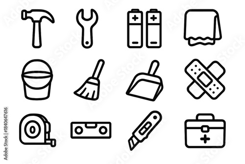 Essential Household Tools. Household Tools Suite linear set: hammer, wrench, spare batteries, microfiber cloth, bucket, broom, dustpan, adhesive strips, measuring tape, level tool,