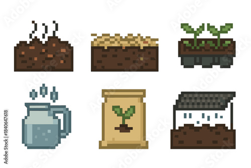 Sustainable Agriculture Icons. Sustainable growing practices set set of icons in flat pixel vector style: compost soil, mulching layer, drip irrigation line, seedling tray,