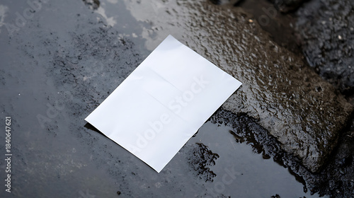 A discarded white paper sits on a wet, dark surface, contrasting sharply with its surroundings. The starkness of the paper draws the eye to the simplicity of the scene.