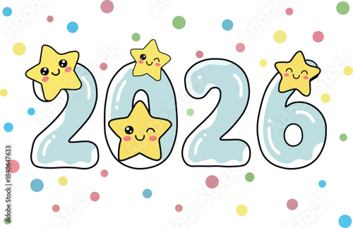 Cute kawaii stars joyfully celebrate the upcoming new year 2026 with light blue bubbly numbers adorned by happy and winking adorable characters set against a cheerful pastel polka dot background