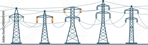 High voltage electric transmission towers and power lines illustration showing energy infrastructure, electricity distribution, industrial engineering, and utility concept design