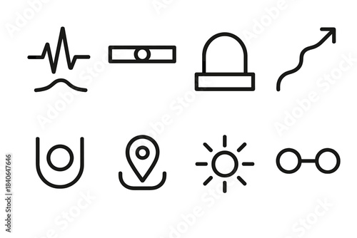 Resilience Icon Array. Inner resilience themes linear set: grounded pulse, stability bar, calm arc tile, recovery path line, strength bead, support marker, clarity glow, balanced