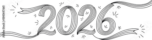Stylized 2026 ribbon design illustration for upcoming new year celebrations and future forwardlooking projects featuring elegant line art with decorative sparkling elements creating a festive 