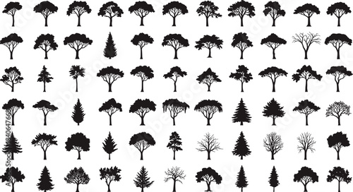 Tree silhouette grid, black tree icons, diverse tree shapes, botanical reference, forest elements, nature design, landscape illustration, foliage collection