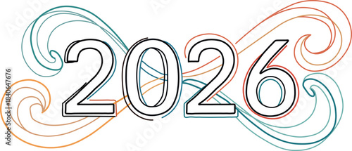 Stylized outlined year 2026 text featuring vibrant flowing organic wavy lines creating a decorative artistic frame perfect for a new year celebration graphic or future oriented design element