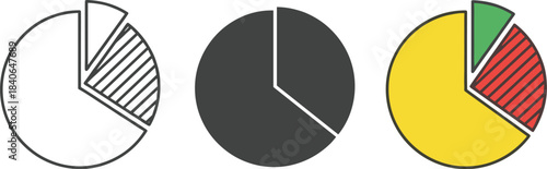 Pie chart icons isolated on white background representing data visualization, business analytics, statistical analysis, and information graphics for reports