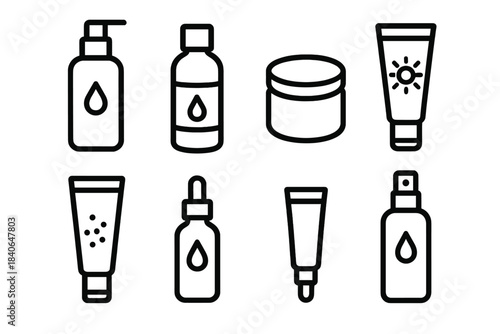 Skincare Routine Icons. Everyday Skin Essentials linear set: cleansing milk, pH-balancing water, barrier cream, daily SPF, gentle exfoliator, repair serum, eye hydrator, hydrating