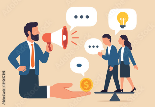 Communication message, announcement or conversation to communicate idea, information or discussion speech, advertising strategy, speaking or talk concept, business people talk on megaphone with idea.