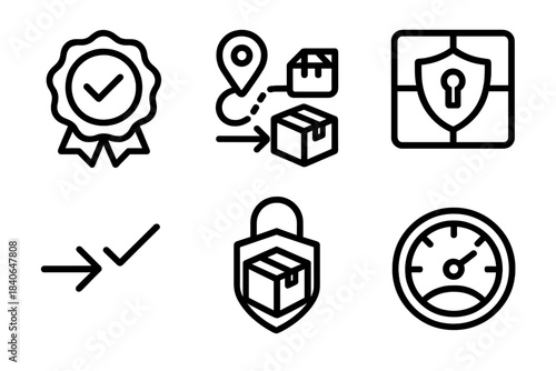 Secure Supply Chain Icons. Data-Secured Supply Chains linear set: digital seal icon, shipment tracking node, secure ledger tile, route validation arrow, protected package symbol,