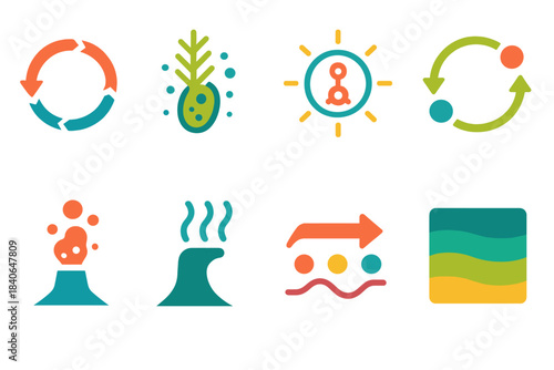 Modern Chemical Life Icons. Chemical-Based Life Processes flat set: oxidation–reduction wheel, sulfur microbe sprig, chemical-energy halo, nutrient cycling loop, deep-sea reaction
