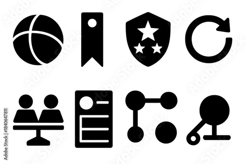 Brutalist Icon Set. Participation Token Framework silhouette set: engagement token sphere, contribution marker strip, privilege tier badge, incentive loop arrow, governance ballot