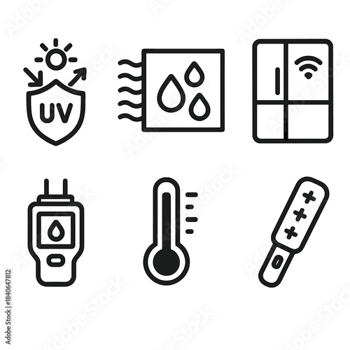Modern Preservation Tools. Modern preservation tools linear set: UV shield, dehydration panel, smart fridge badge, moisture meter, temperature gauge, sterilization wand.