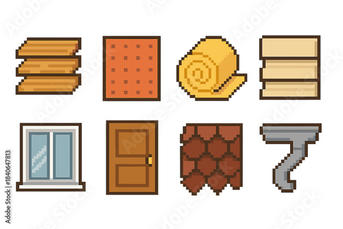 Exterior Shell Icons. Exterior Shell Sequence pixel style set: sheathing boards, vapor barrier, insulation roll, siding panel, window frame, exterior door, roofing shingles, gutter