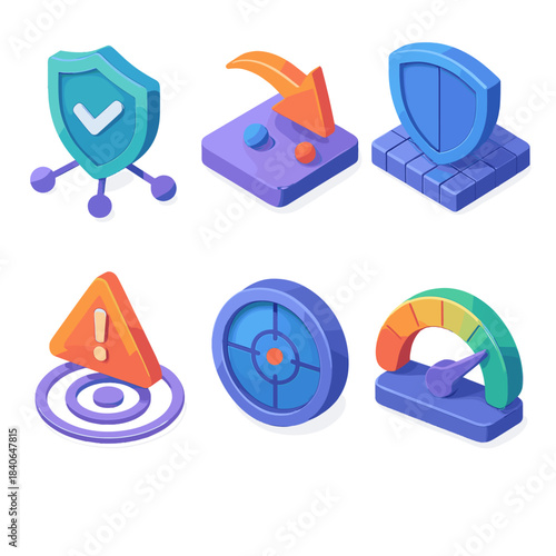 Colorful Tech Icon Set. Independent Threat Response flat isometric set: autonomous shield node, detection sweep arrow, protective barrier tile, warning pulse icon, target monitor