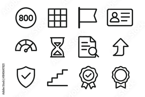 Credit Report Icons. Credit Report Components linear set: score circle, credit factor grid, payment flag, account summary card, utilization meter, history length icon, inquiry note