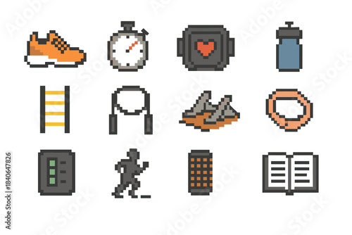 Athletic Icons Collection. Athletic Performance Basics pixel style set: running shoe, stopwatch, heart rate monitor, hydration bottle, agility ladder, jump rope, sprint blocks,
