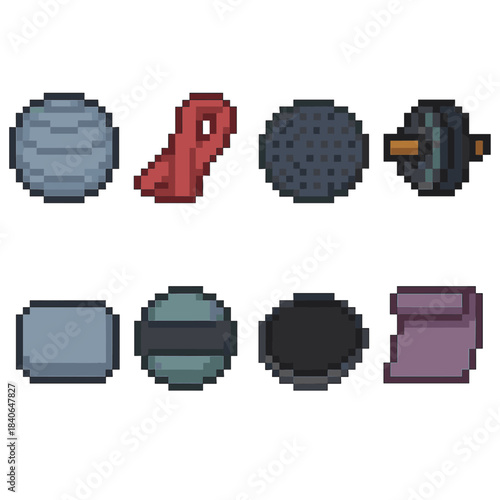 Core Strengthening Icons Set. Core Strengthening Items set of icons in flat pixel vector style: stability ball, resistance band, balance disc, ab roller, plank pad, medicine ball,