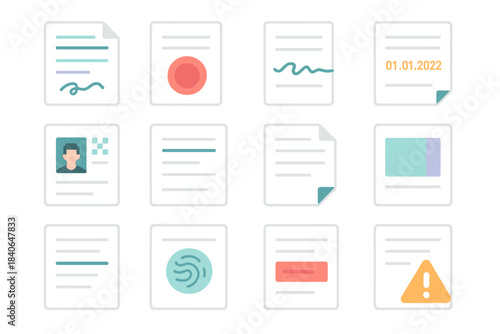 Forgery Detection Icons. Forged Document Features isometric flat set: mismatched fonts icon, blurred seal mark, irregular signature line, altered date highlight, pixelated photo
