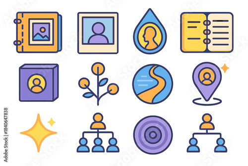 Memory Icons Collage. Personal History flat set: scrapbook page, old photo outline, memory droplet, journal line, keepsake item, reflective glow, family tree branch, soft ripple,