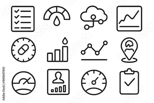 Health Monitoring Icons. Wellness Symptom Dashboards linear set: condition log block, pain-level meter, fatigue cloud node, cycle trend tile, medication interval dial, stress