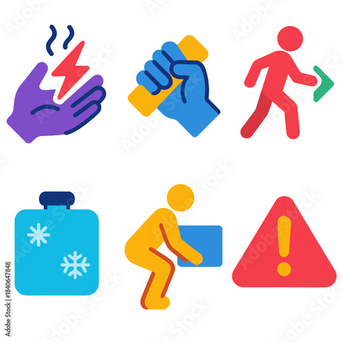 Injury Prevention Icons. Injury Prevention Basics flat set: tension release, secure grip, mindful movement arrow, cooling pad, ergonomic stance, risk alert.