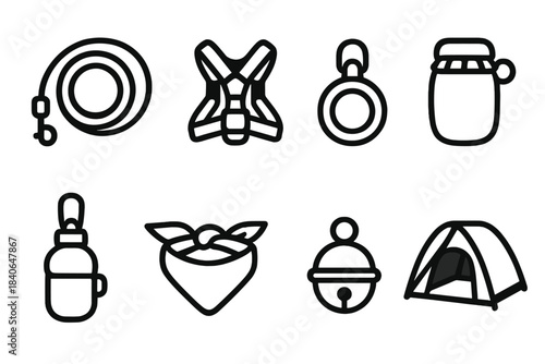 Pet Adventure Gear Icons. Pet adventure elements linear set: trail leash, hiking harness, clip-on light, snack pouch, travel bottle, cooling bandana, safety bell, foldable shelter.