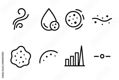 Micro-Waste Indicators. Micro-Waste Indicator Set linear set: fine particle wisp, micro-trace droplet, subvisible dust node, faint pollutant film, tiny residue patch,