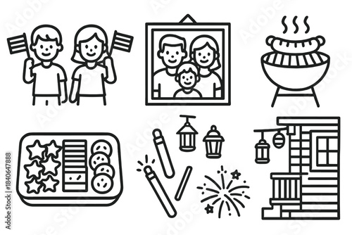 Festive Family Celebration. Independence Day Family Moments Together linear set: kids waving flags, group photo frame, snack tray, backyard grill, glow sticks, porch lanterns,