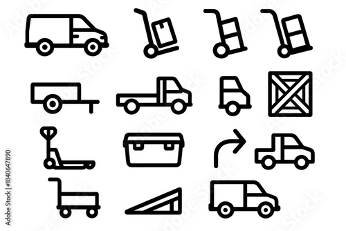 Transport Utility Icons. Utility Transport linear set: cargo van, hand truck, delivery dolly, utility trailer, flatbed truck, storage crate, pallet jack, tool container, route