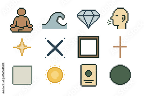 Mindful Icons Collection. Mindful Stillness pixel style set: meditation pose, calm wave, clarity diamond, focused breath icon, gentle spark, open space symbol, quiet frame,