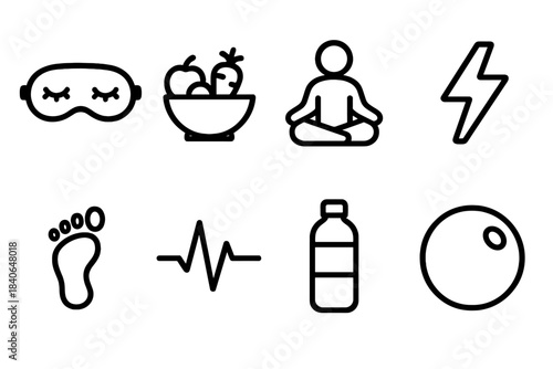 Daily Vitality Icons. Daily Vitality Tools linear set: sleep mask, nutrient bowl, mindful pause symbol, energizing spark, movement step, steady heartbeat line, water bottle,