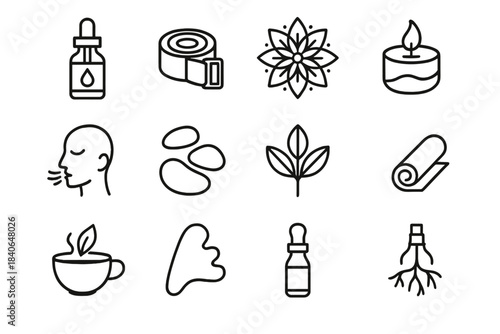 Natural Health Icons. Natural Health Practice Set linear set: herbal dropper bottle, yoga strap, nature-inspired mandala, soothing candle, mindful breath line art, healing stone