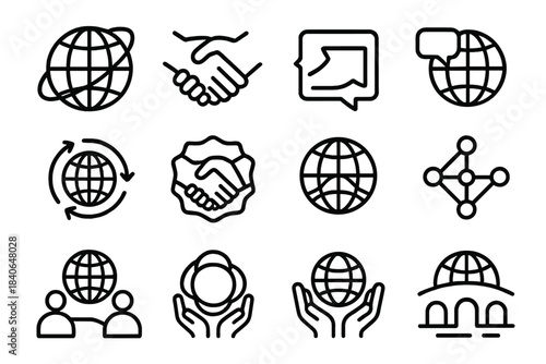 Global Connection Icons. International Connection Symbols linear set: globe pathways, cultural handshake, borderless message line, collaboration arrows, joint initiative badge,