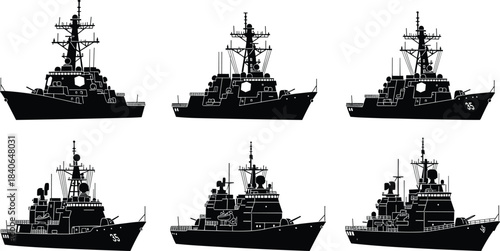Warship silhouette clipart, destroyer vector icons, naval cruiser shapes, black military ship graphics, modern navy vessel illustrations, defense transport set