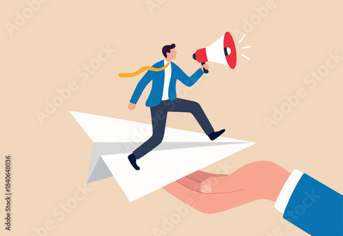 Communication, announcement or marketing message, loud speaker promotion notice or communicate important information concept, businessman on origami airplane shouting or announce message on megaphone.