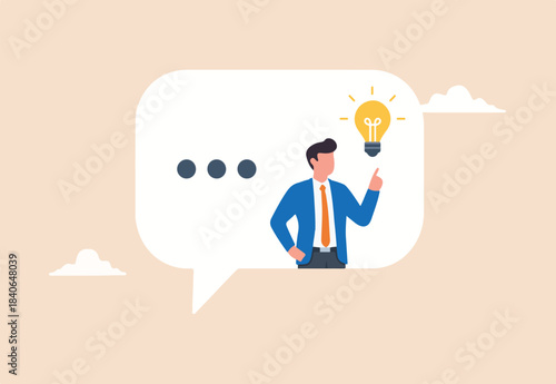 Communication to solve problem, meeting or conversation to success, efficient communicate, important speech or sharing opinion, feedback or discussion concept, businessman on speech bubble with idea.