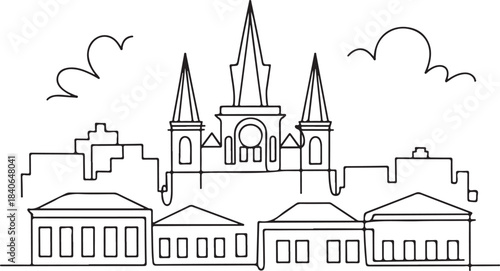 Continuous Line Art of New Orleans Skyline with French Quarter Rooftops Minimal Outline Illustration