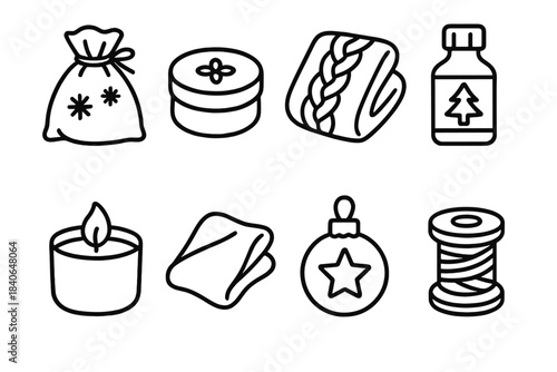 Christmas Self-Care Icons. Christmas Self-Care Makes linear set: relaxation sachet, balm tin, warm knit piece, pine essence bottle, soft candle pot, gentle fabric fold, calming