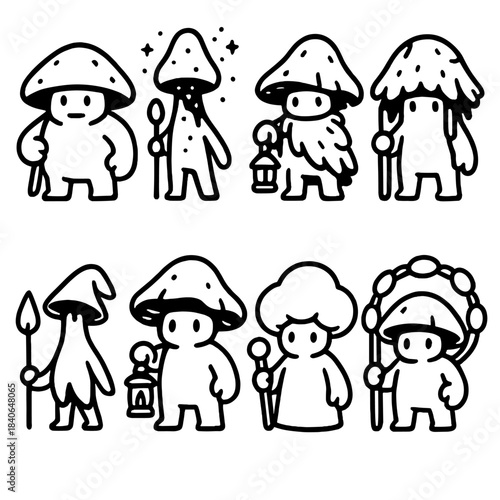 Mushroom Guardians Icons. Mushroom guardian characters set linear set: stout cap guardian, glowing-spore sentinel, moss-cloak protector, crystal-cap watcher, tiny sprout scout,