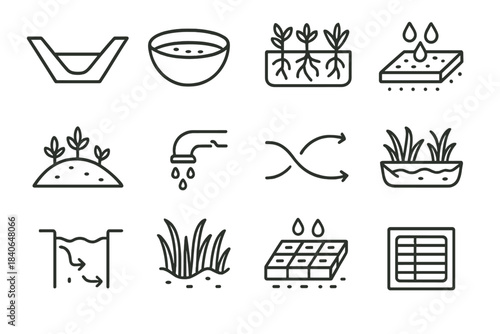 Nature Water Systems Icons. Nature-Based Water Systems linear set: green channel wedge, sediment forebay bowl, root-filtration module, pervious flow pad, vegetated berm, eco