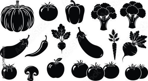 Fruit and vegetable silhouette, black vector, healthy food, organic produce, kitchen icon, culinary design, farm harvest, nutrition illustration