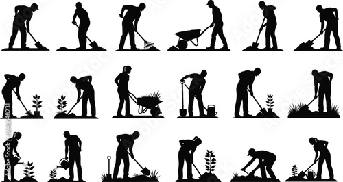 Gardening silhouette, black vector, garden work, people activity, shovel, rake, wheelbarrow, planting, watering, outdoor task, horticulture illustration