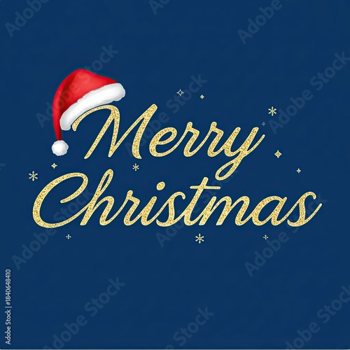 Gold “Merry Christmas” text with a Santa hat on a dark blue background